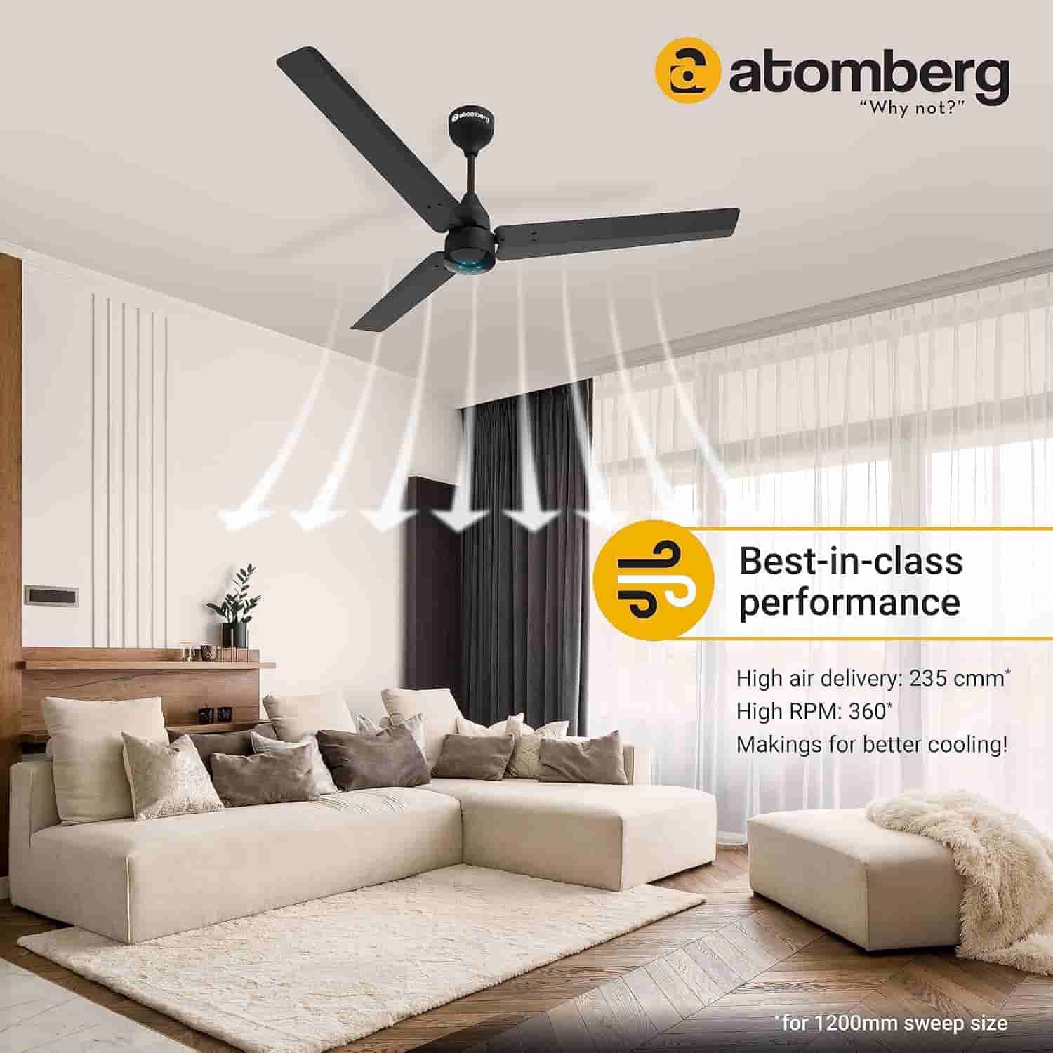 atomberg Renesa 1200mm BLDC Ceiling Fan with Remote Control (Midnight Black)