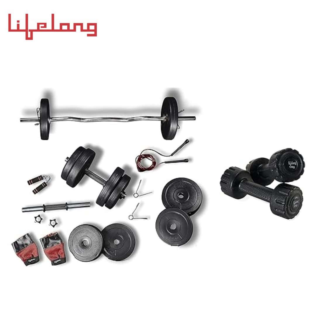 Lifelong PVC Home Gym Set 10Kg Plate 3Feet Curl Rod And Dumbbells Rods With Gym Accessories